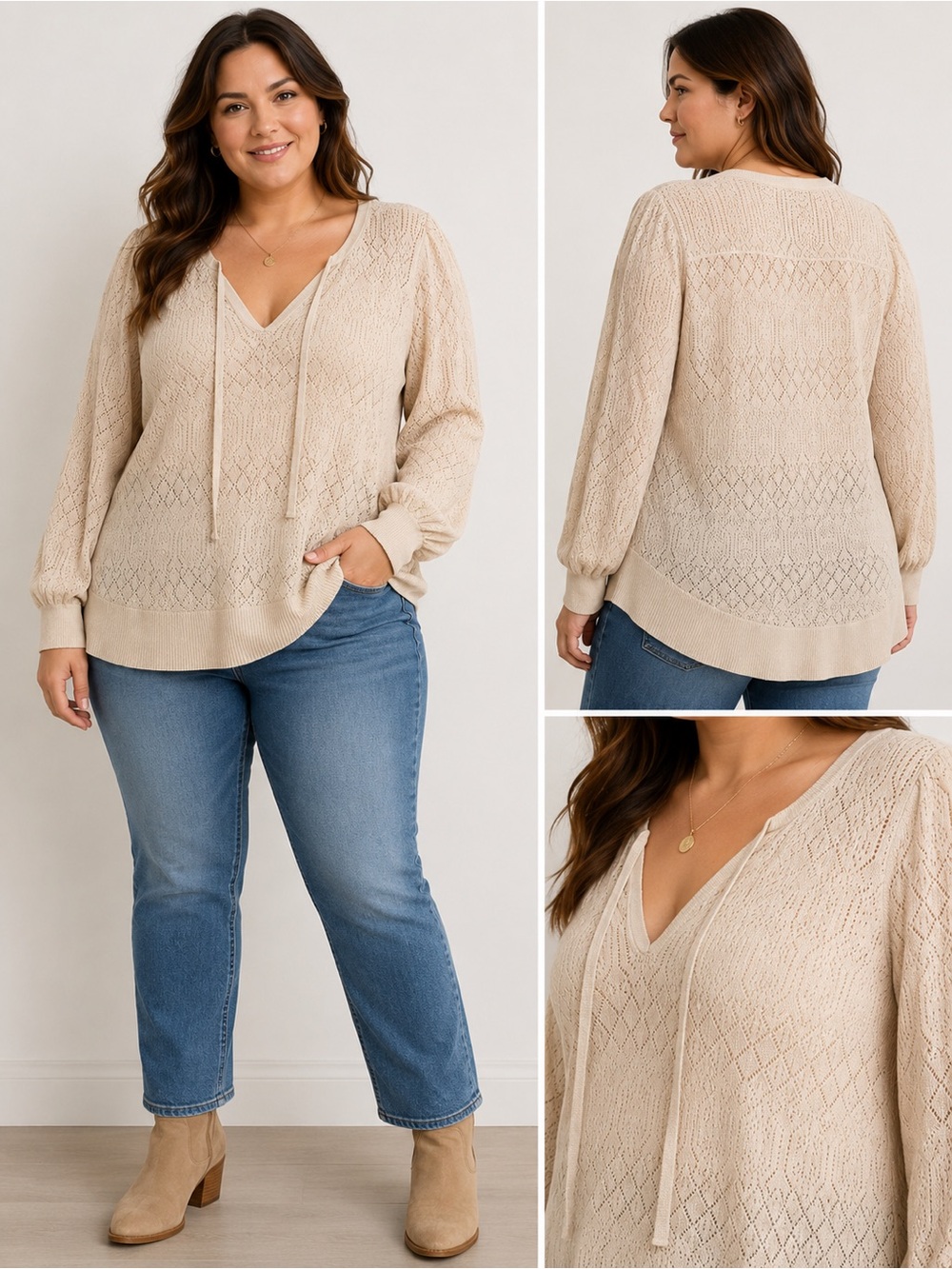 Torrid Pointelle Knit Tie-Neck Sweater Size 3 (3X) Cream